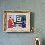 « Window Seat » moderne du milieu du siècle, peinture à l’huile intérieure figurative suédoise, encadrée
