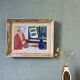 Mid-Century Modern "Window Seat", Swedish Figurative Interior Oil Painting, Framed