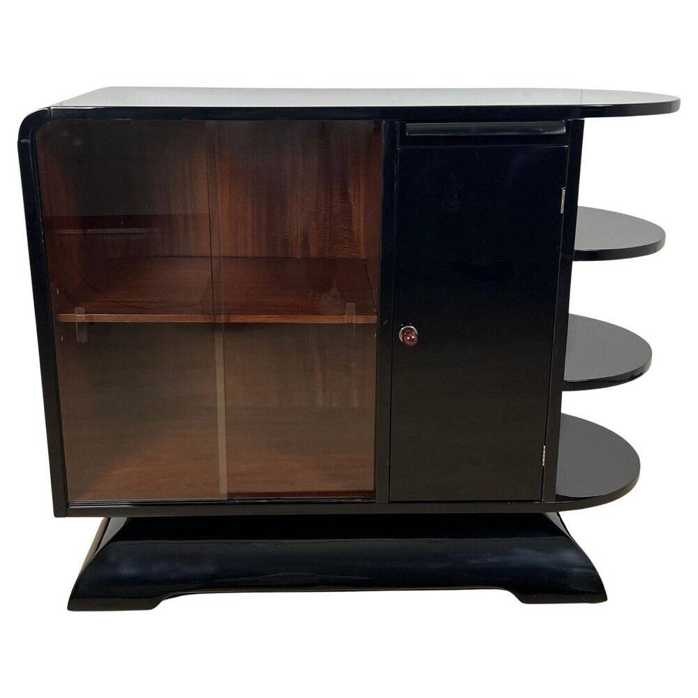 French Art Deco Half Cabinet in Black Lacquer and Mahogany, 1930