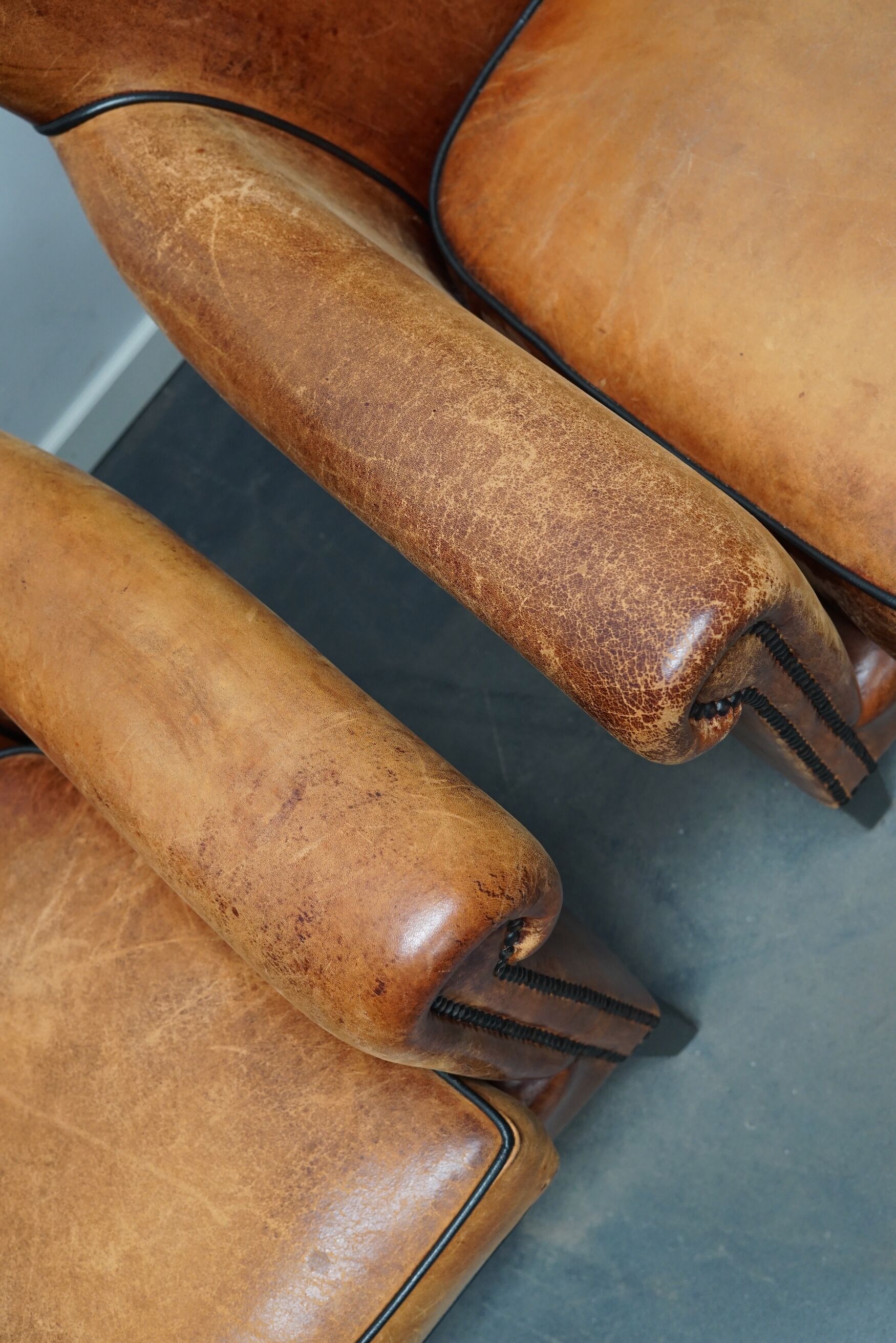 Fauteuil club en cuir vintage hollandais de couleur cognac, ensemble de 2