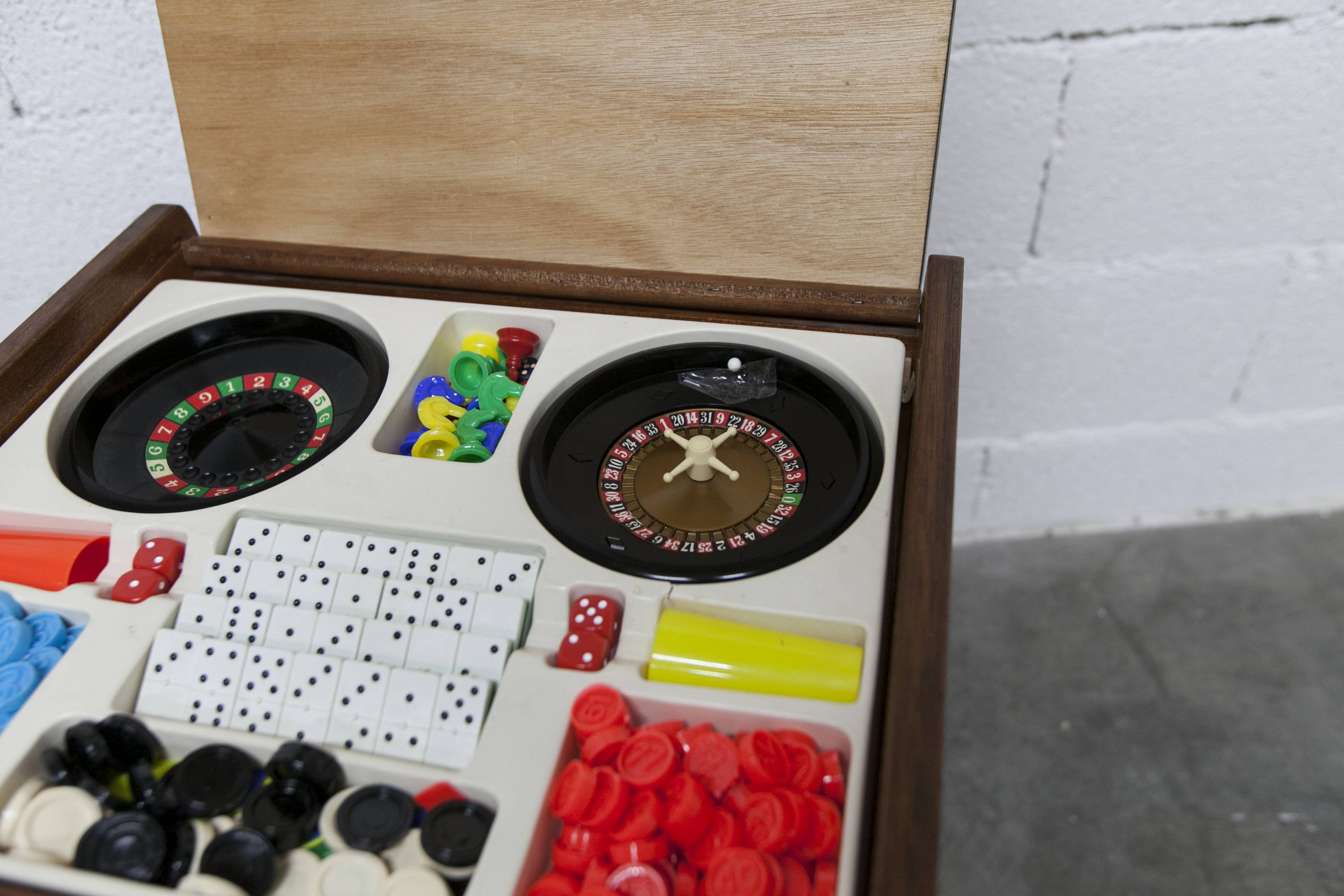 Unique 1960s bedside table with 15 complete games, compass legs, 1960s