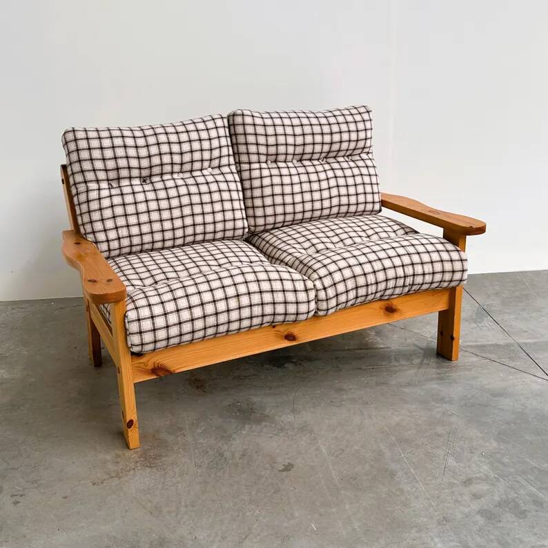 Vintage Two-Seater Pine Sofa with Original Checked Upholstery, 1970s