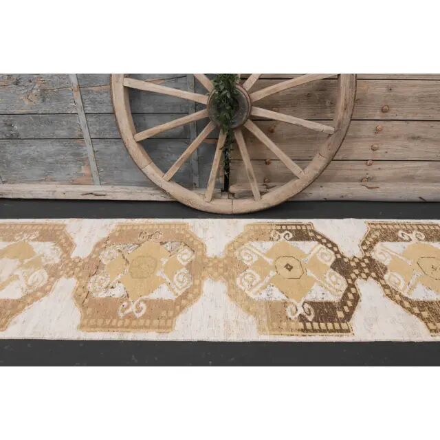1970s Turkish Hand-Knotted Wool Cotton Beige Runner Rug 73x310