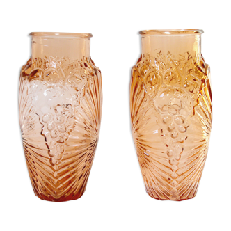 Pair of large Vases Souchon Neuvesel / French Manufacture / Art Deco Style / Moulded Pink Glass