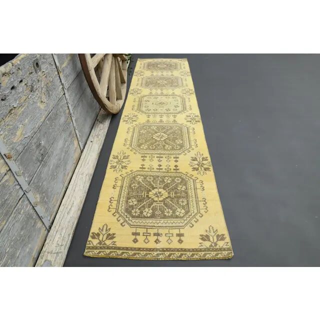 1970s Turkish Oushak Handmade Wool Cotton Yellow Runner 76x302