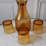 Set of carafe and 3 amber whisky glasses 70s
