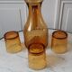 Set of carafe and 3 amber whisky glasses 70s