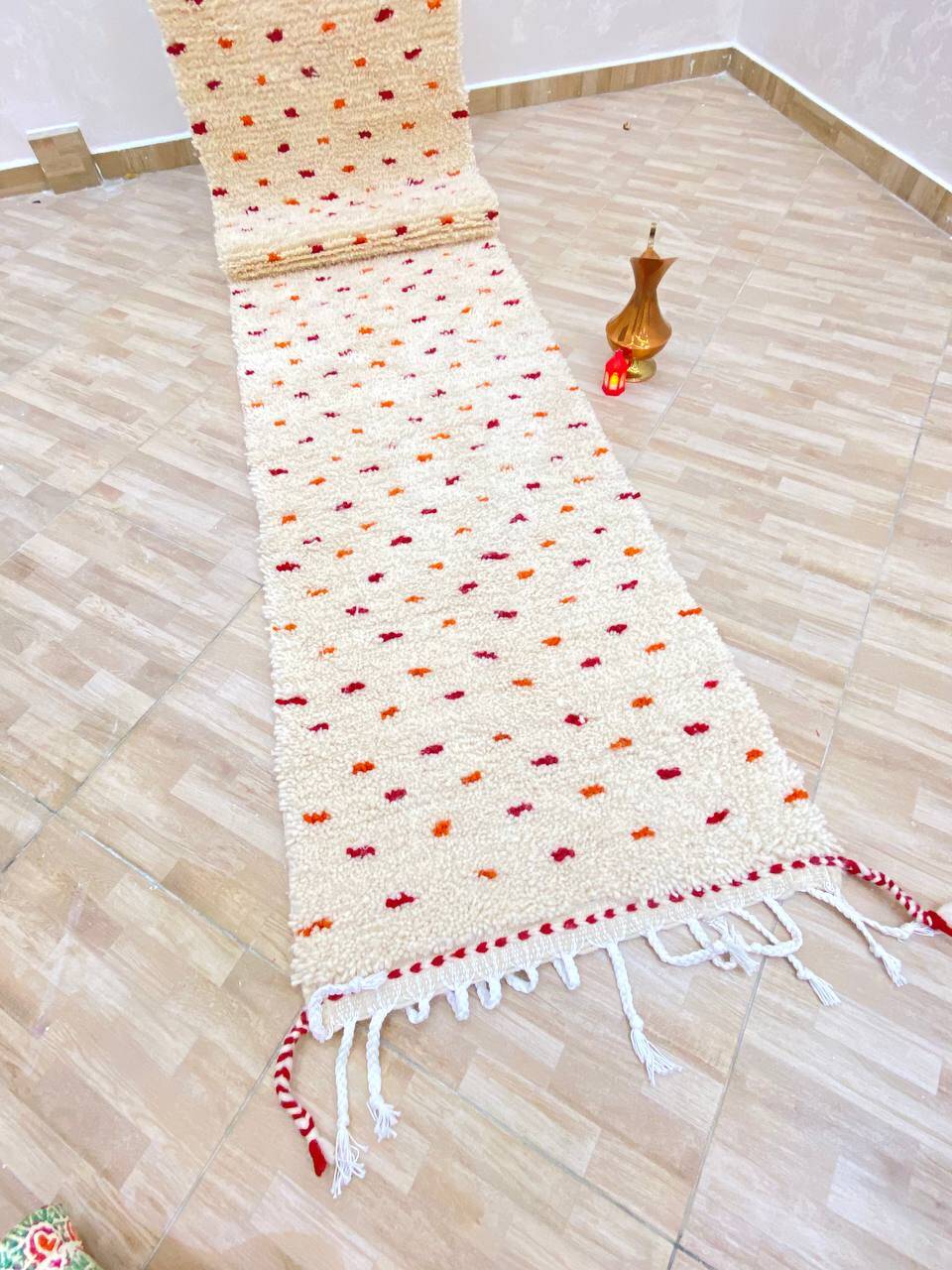 Handmade Beni Ourain Wool Rug – White Berber Rug with Colourful Dots