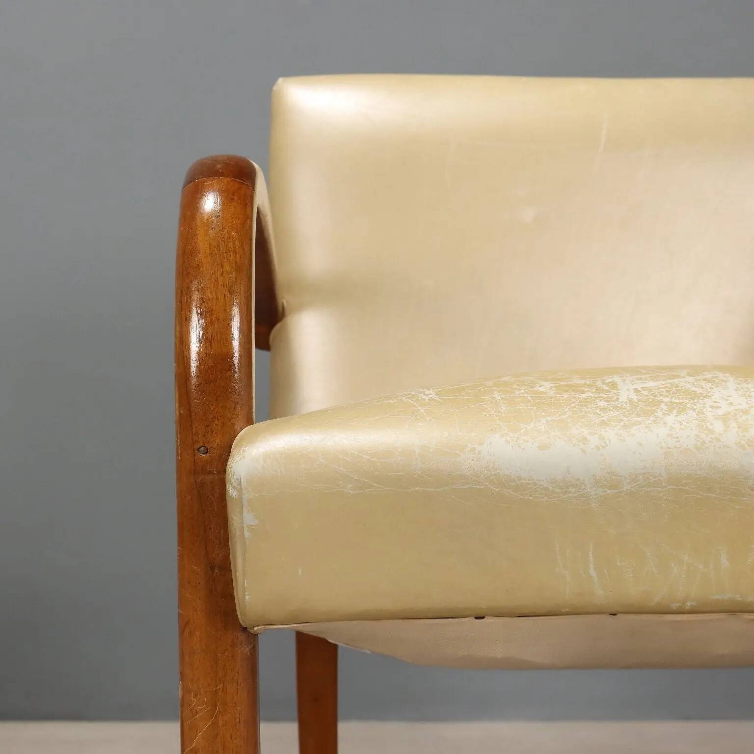Pair of vintage armchairs in beech and faux leather, Italian design, 1960s.
