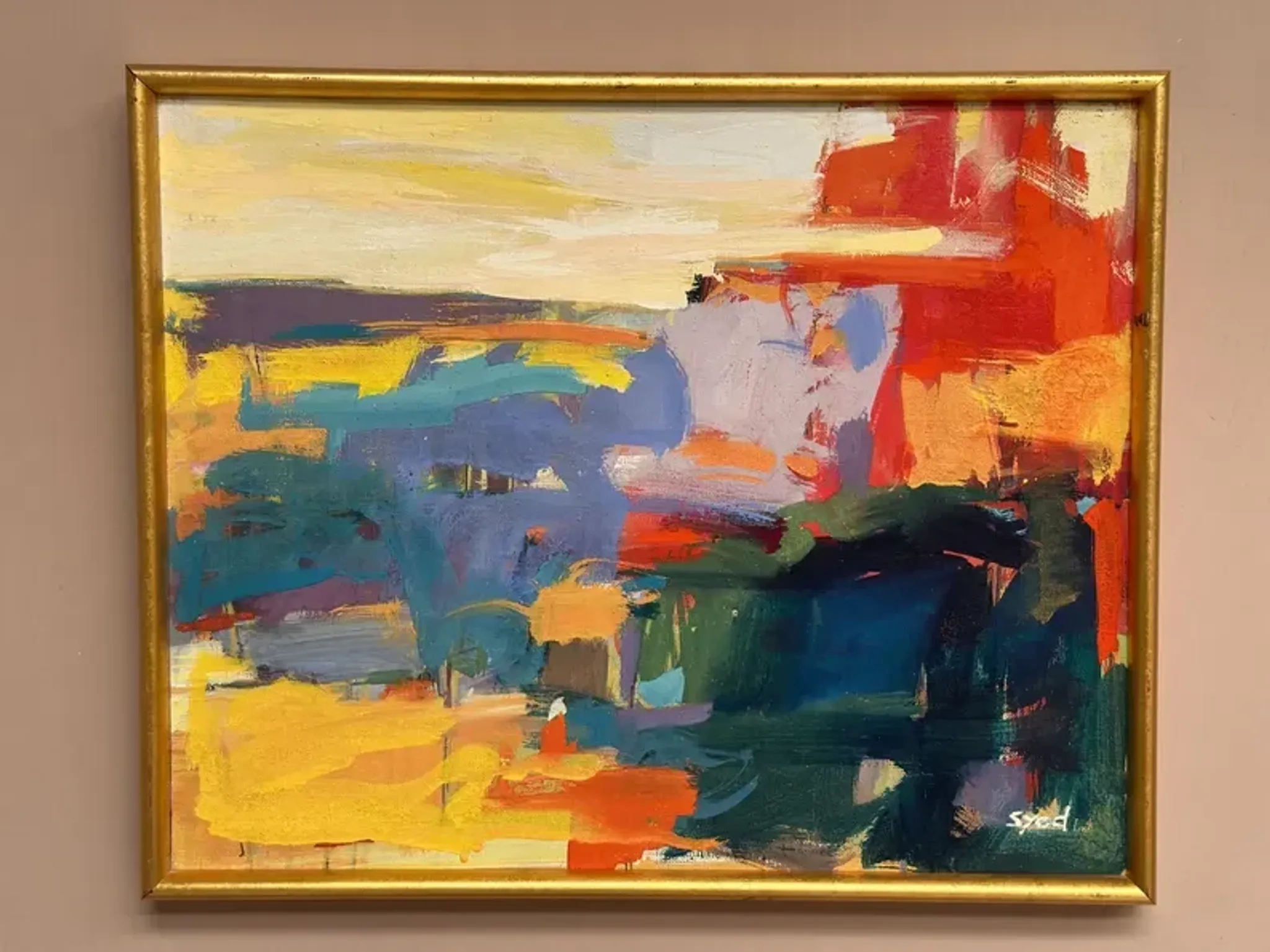 Original Oil on Canvas – “Abstract” by Ubaid Syed – Signed – Vintage & Framed – 53 × 43 cm (20.9" × 16.9")