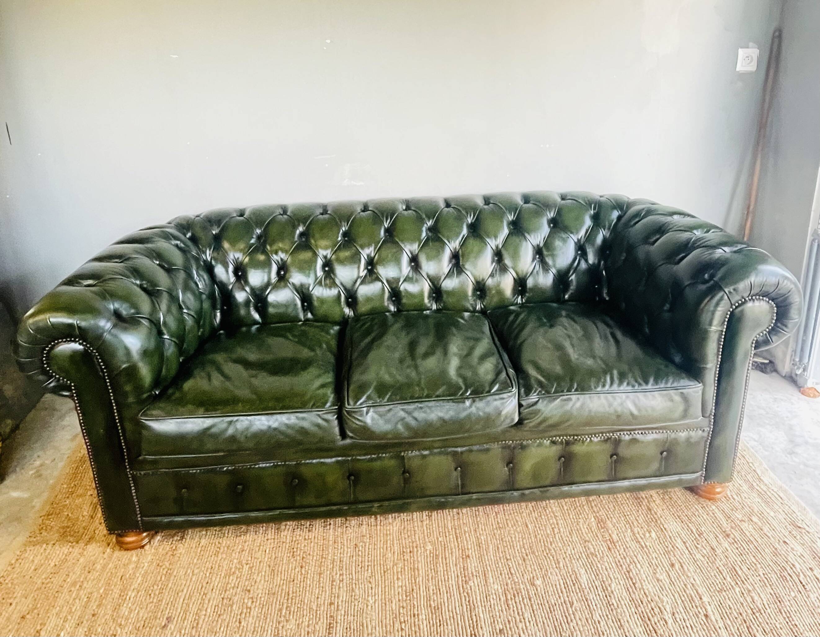Chesterfield 3 seater sofa in English green leather