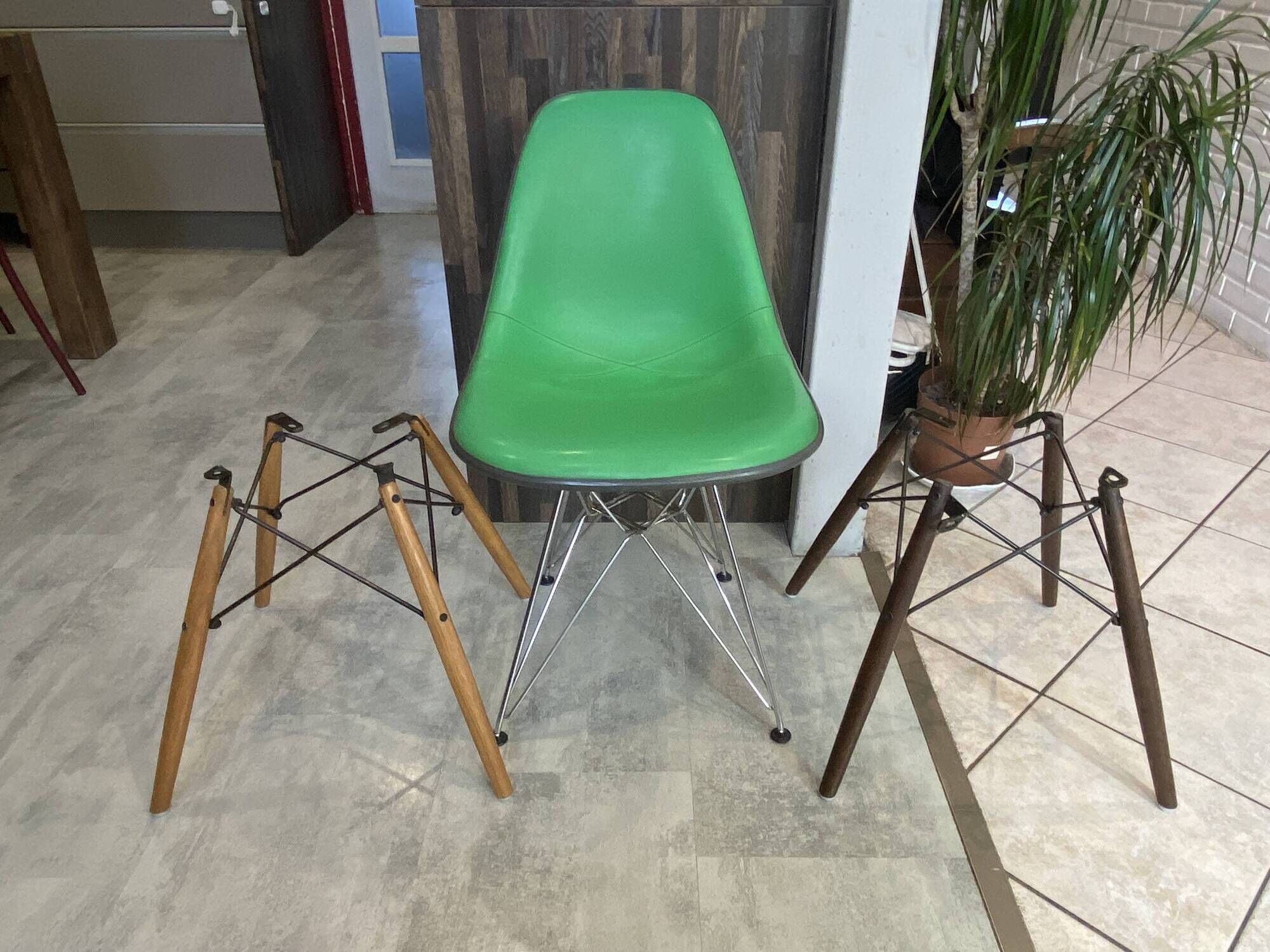 Eames Herman Miller DSR Eiffel chair in green greige fibreglass and vinyl.