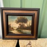 Painting XIX Landscape at the Water's Edge with its signed frame