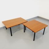 Suite of two vintage modernist Isa coffee tables in teak and black metal from the 60s