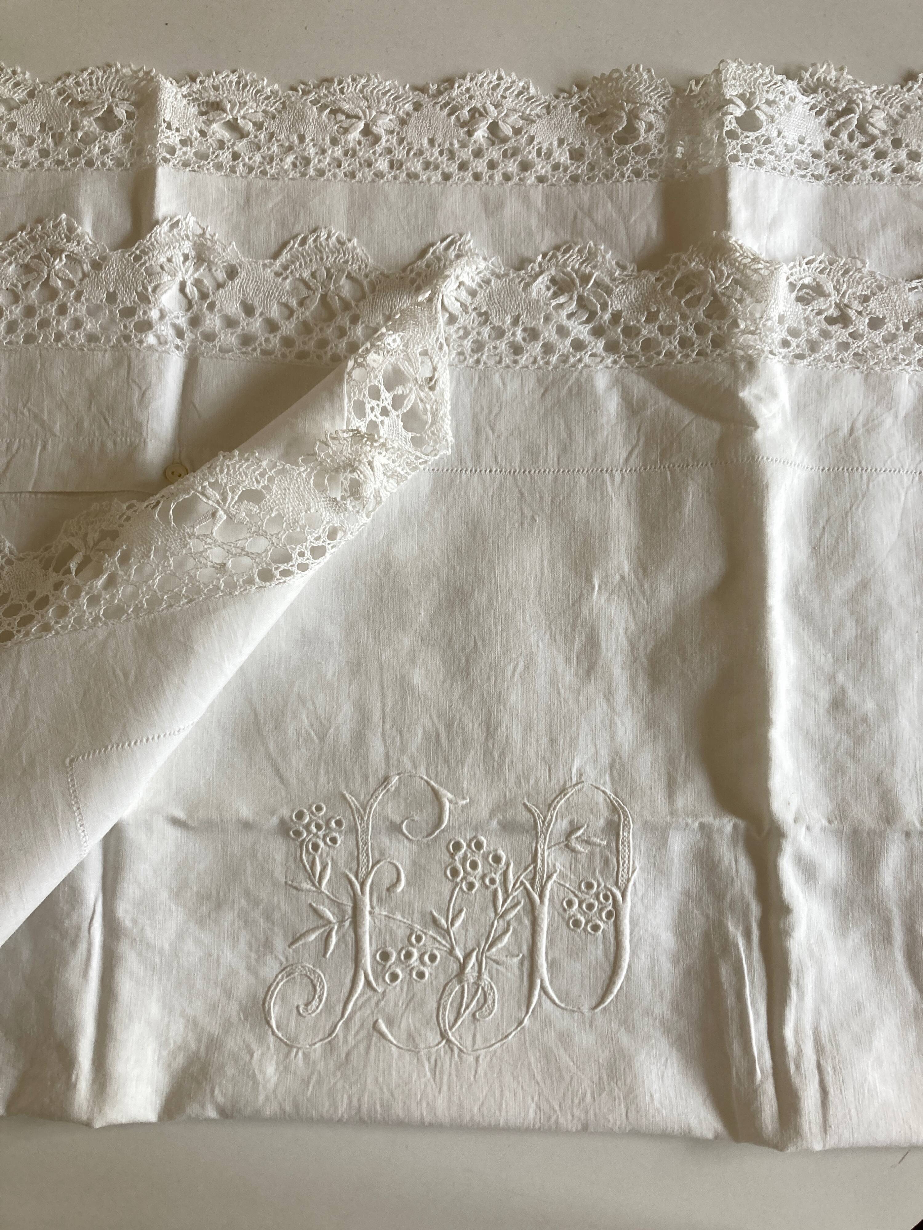 Pair of embroidered 19th linen linen pillowcases