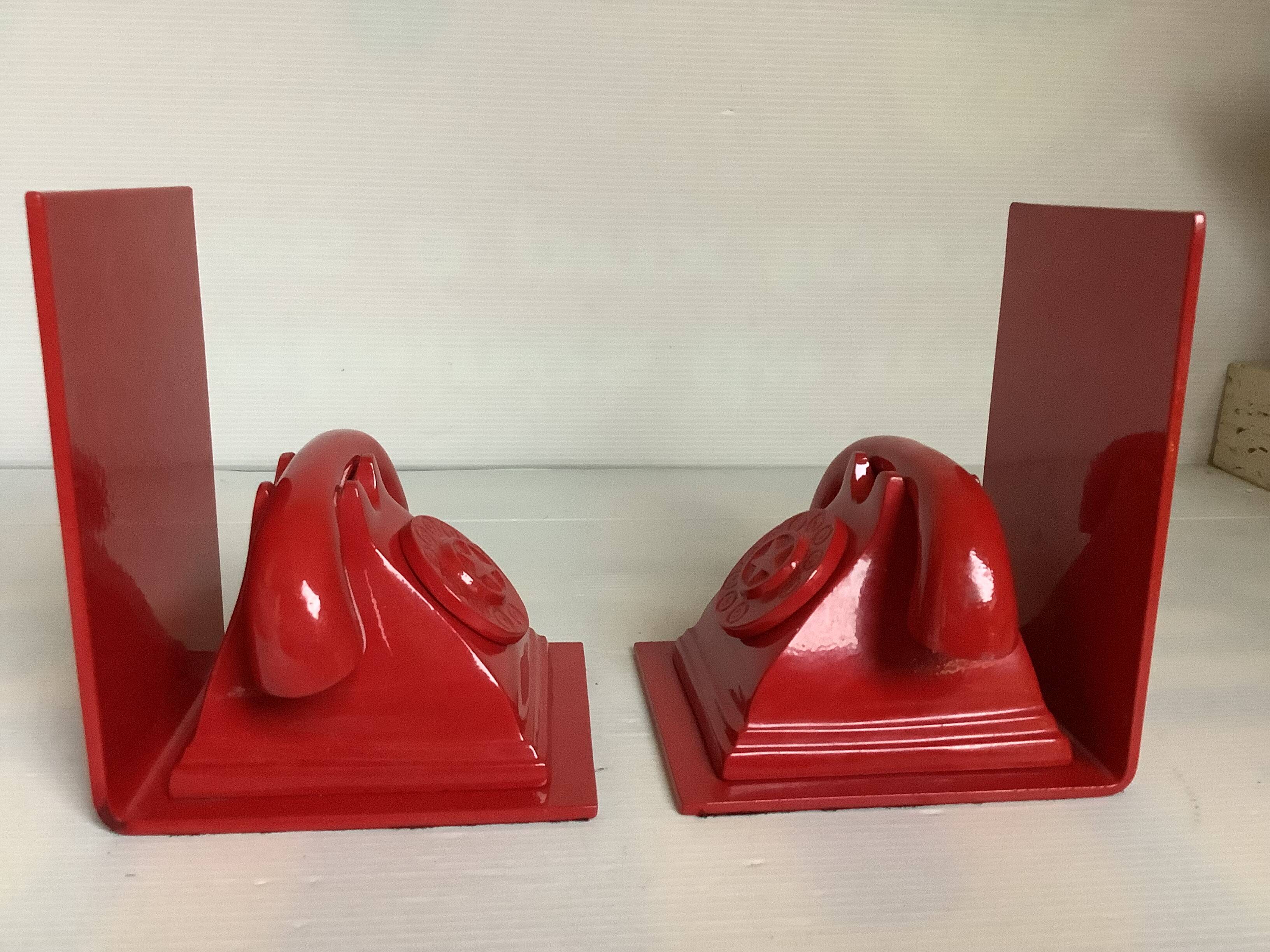 Pair of red telephone bookends