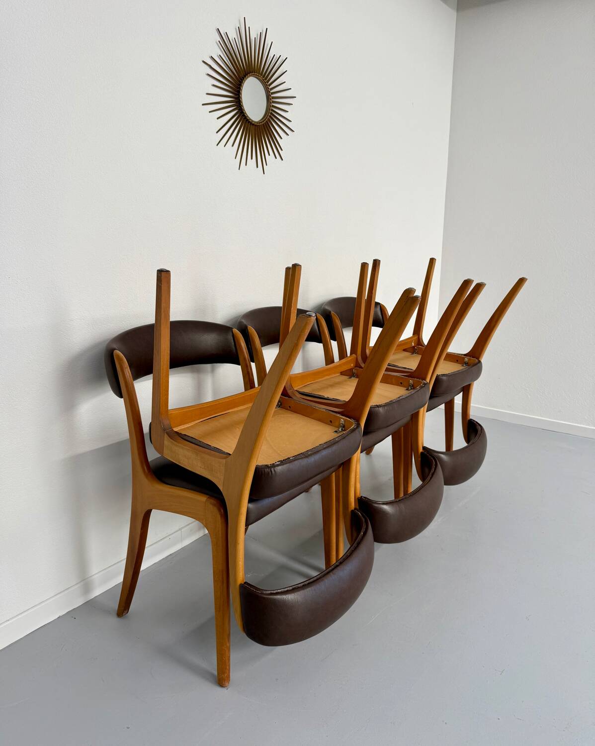 Set of 6 Baumann curved wood and imitation leather chairs, gondola model, 70s