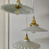 Three-light cascading pendant lamp with vintage white opaline lampshade