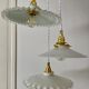 Three-light cascading pendant lamp with vintage white opaline lampshade