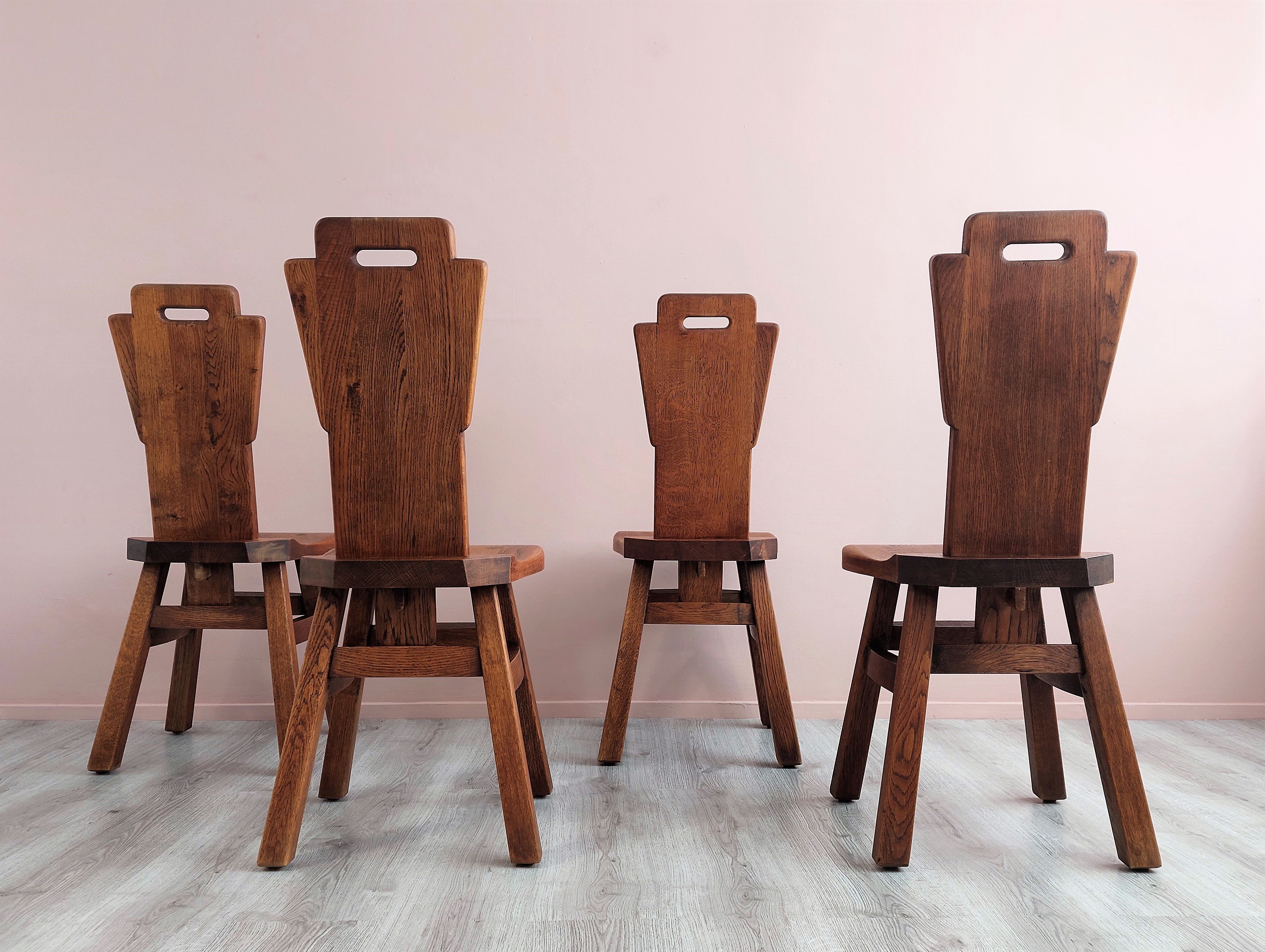 Set of 4 Belgian Brutalist Oak Dining Chairs.