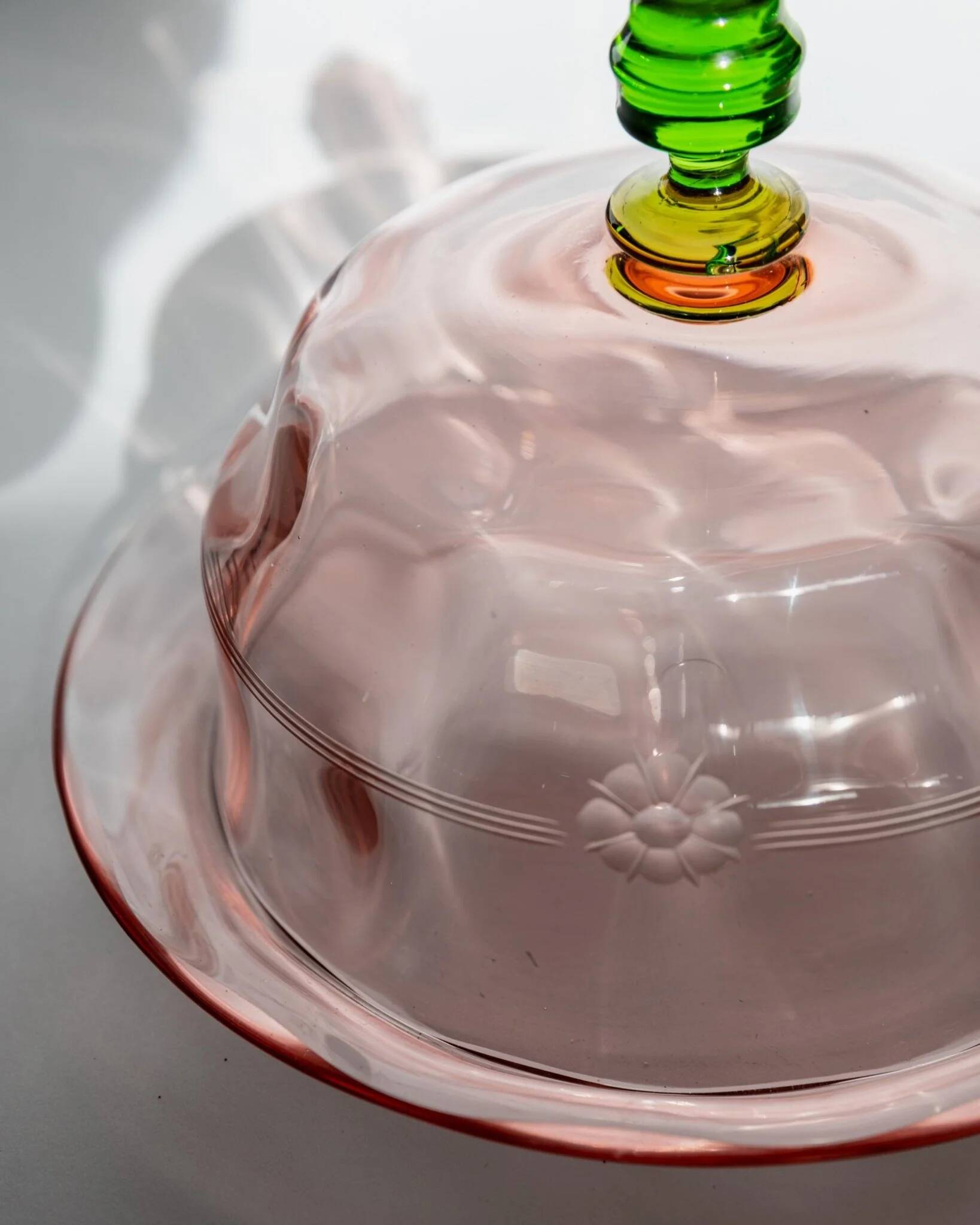 Pink Glass Cloche with Green Finial on Plate – 1930s Italian Vintage Glass Tableware