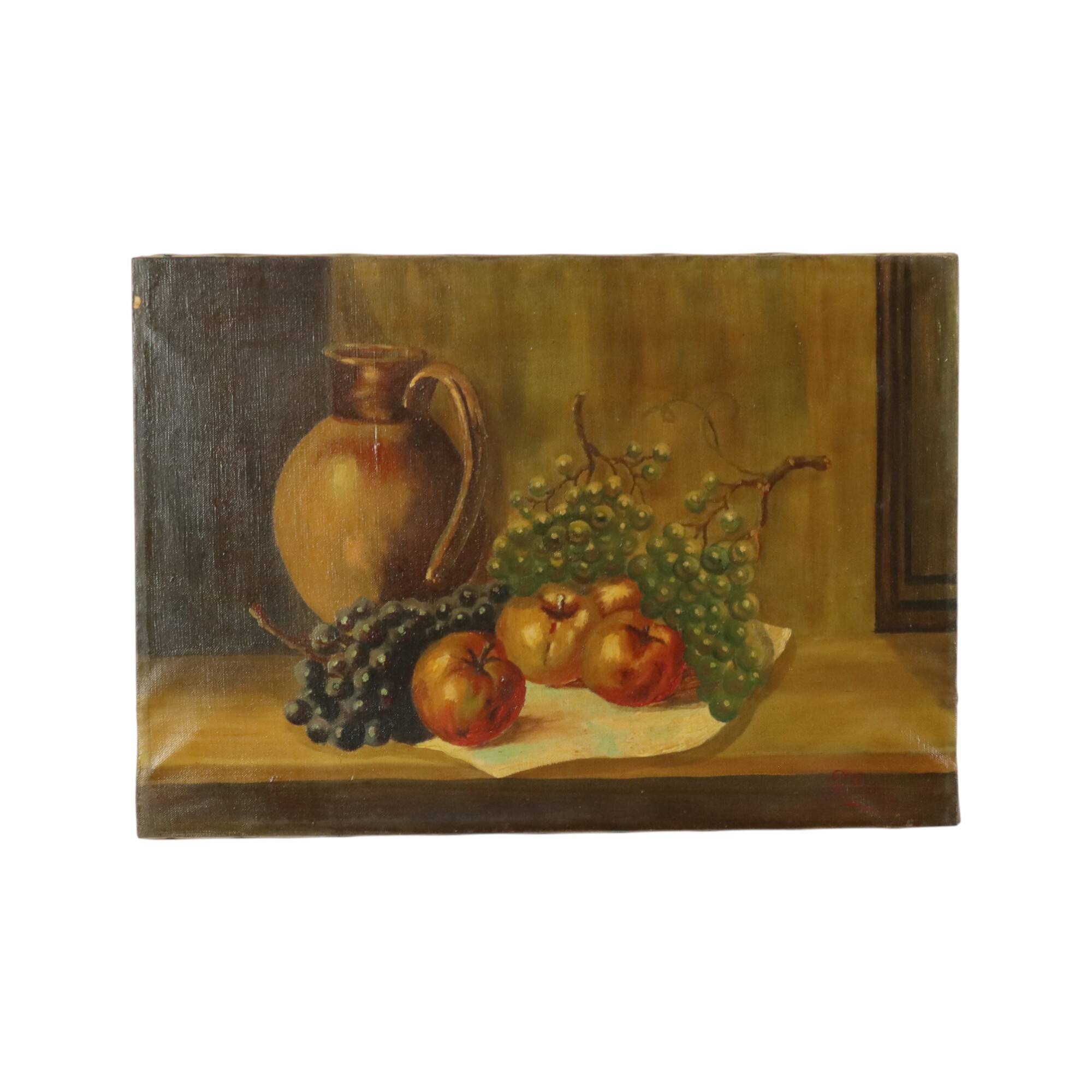Still Life Fruit with a Jug Oil on Canvas Painting Signed