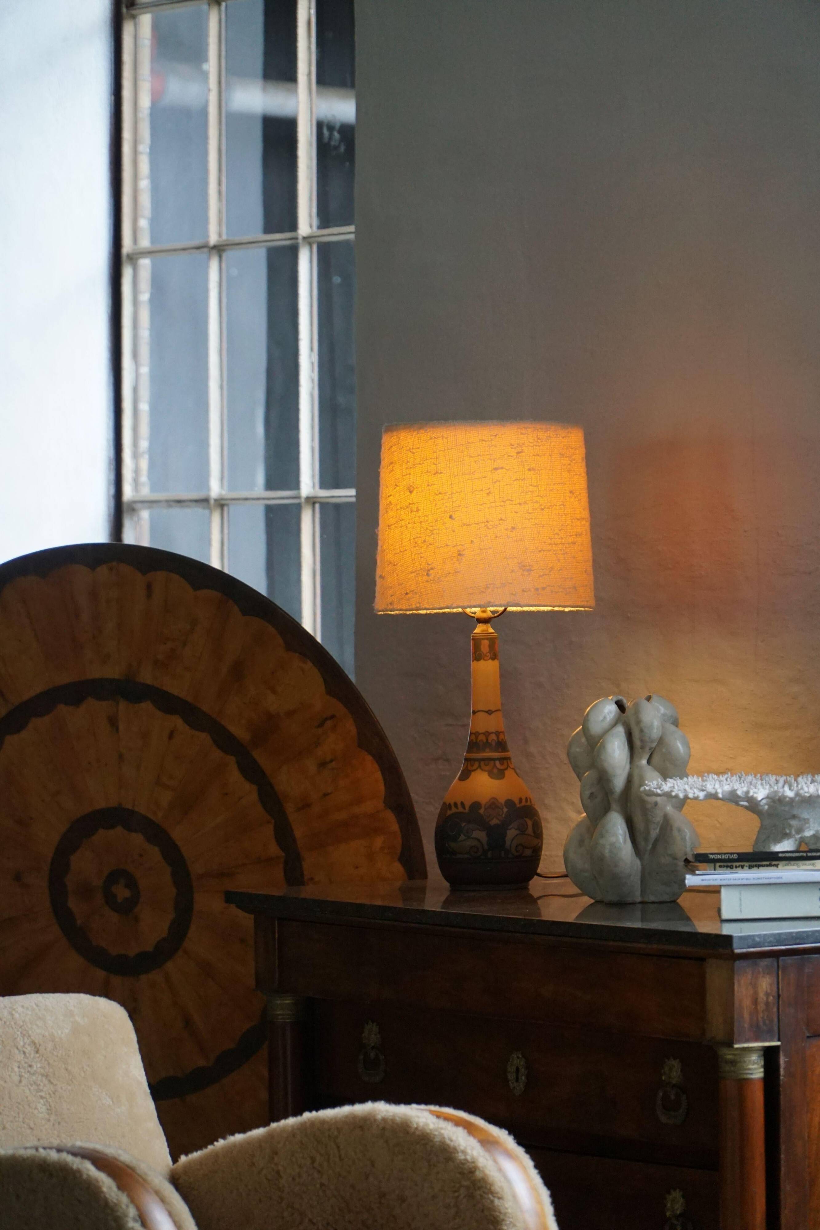 Art Nouveau table lamp in coloured terracotta by L. Hjorth, Bornholm, 1930s.