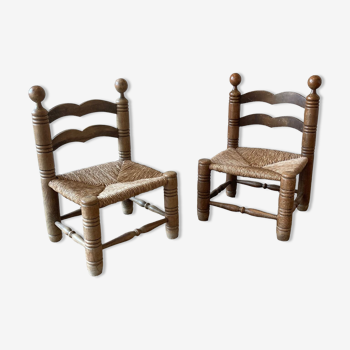 Chaises basses en bois et paille 1960