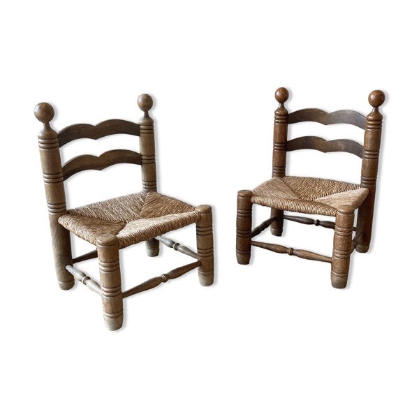 Chaises basses en bois et paille 1960