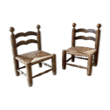 Suite of two low chairs in wood and straw 1960