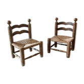 Chaises basses en bois et paille 1960