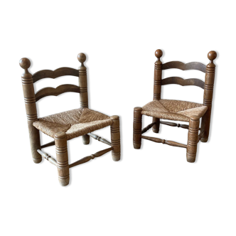 Suite of two low chairs in wood and straw 1960