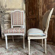 Pair of Louis XVI style chairs in painted wood and satin, classic elegance.