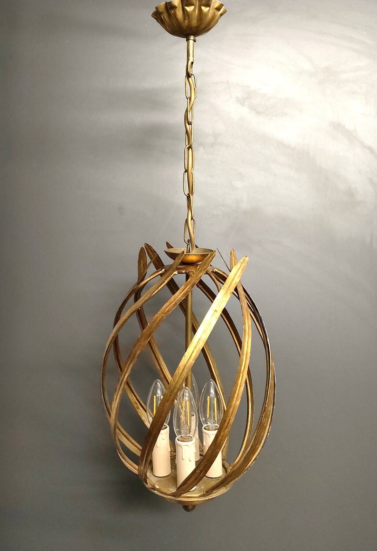 Large Italian Foliage Cage Chandelier - 1960s Art Crafts - Gold Metal