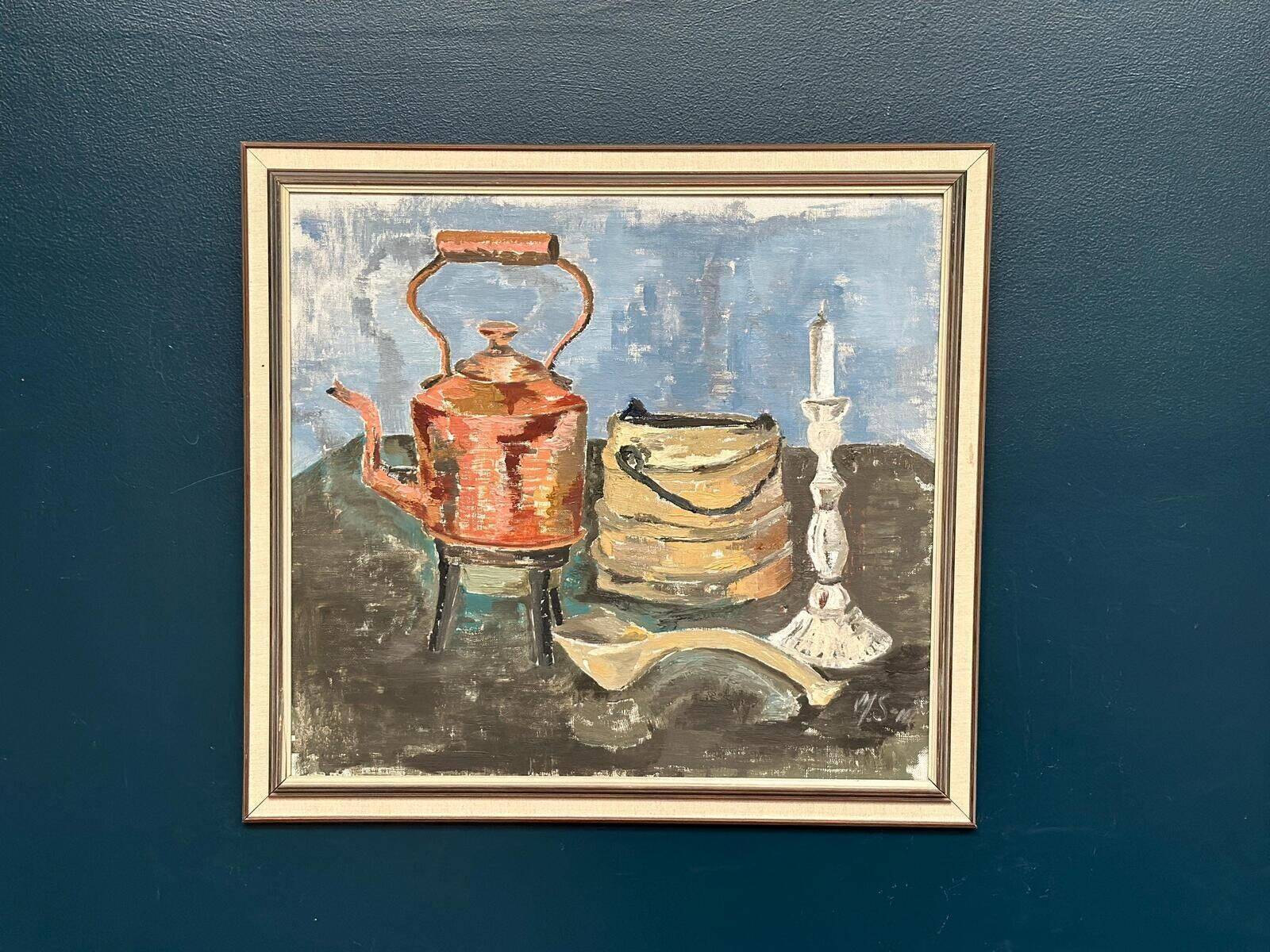 Original Mid Century Swedish Oil On Panel – “Still Life” By Ms – Vintage & Framed 66 × 61 Cm (26" × 24")