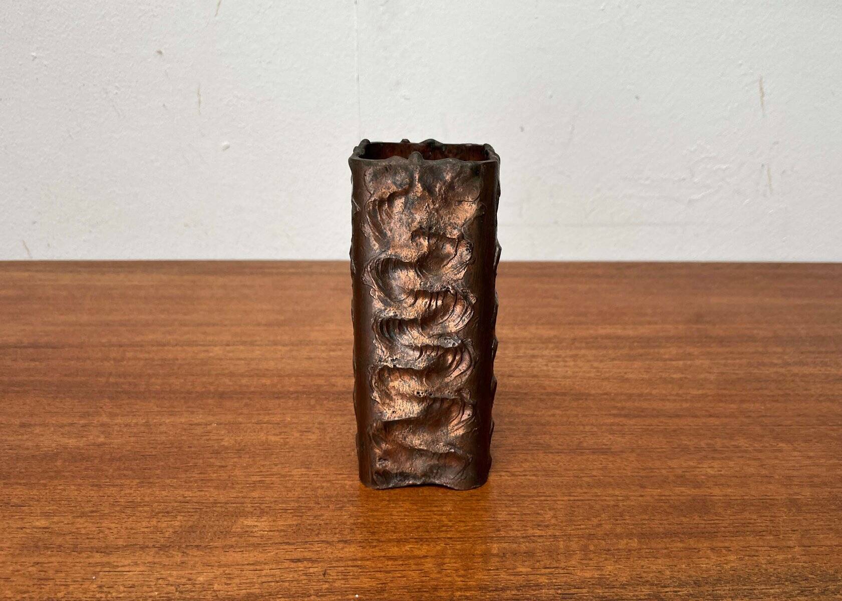 Brutalist metal block vase from the mid-century, 1960s.