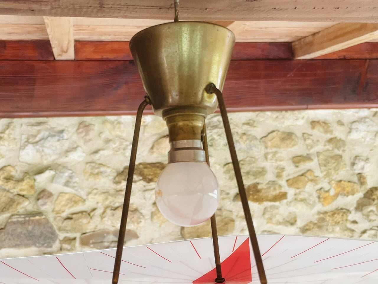 Vintage triangular ceiling light in glass and brass circa 1970s.