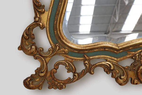 Miroir baroque belge doré de style Louis XV avec étiquette « Knitter-Duro Brevete »