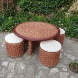 Table basse et tabourets en corde vintage