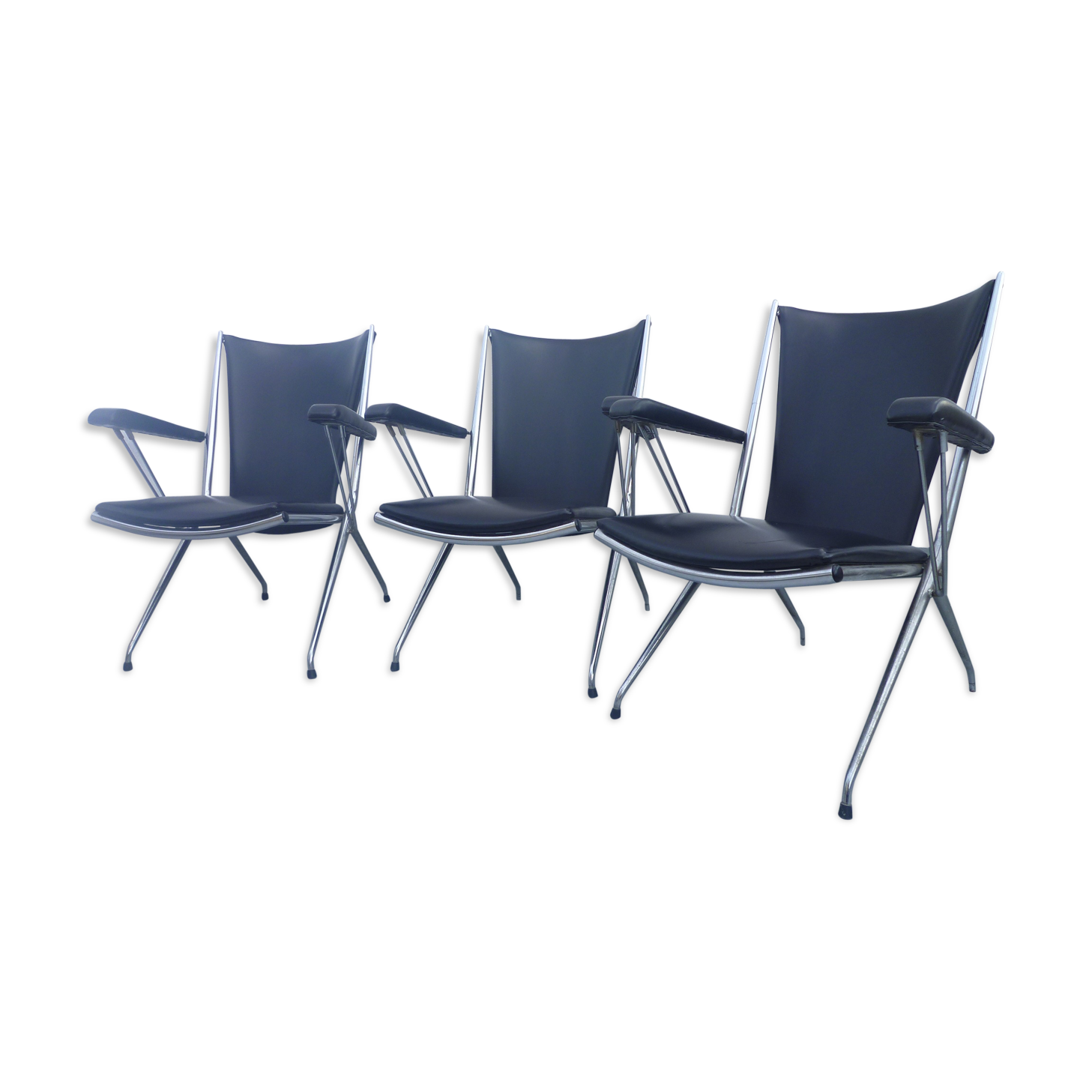 3 armchairs in black leatherette 50s