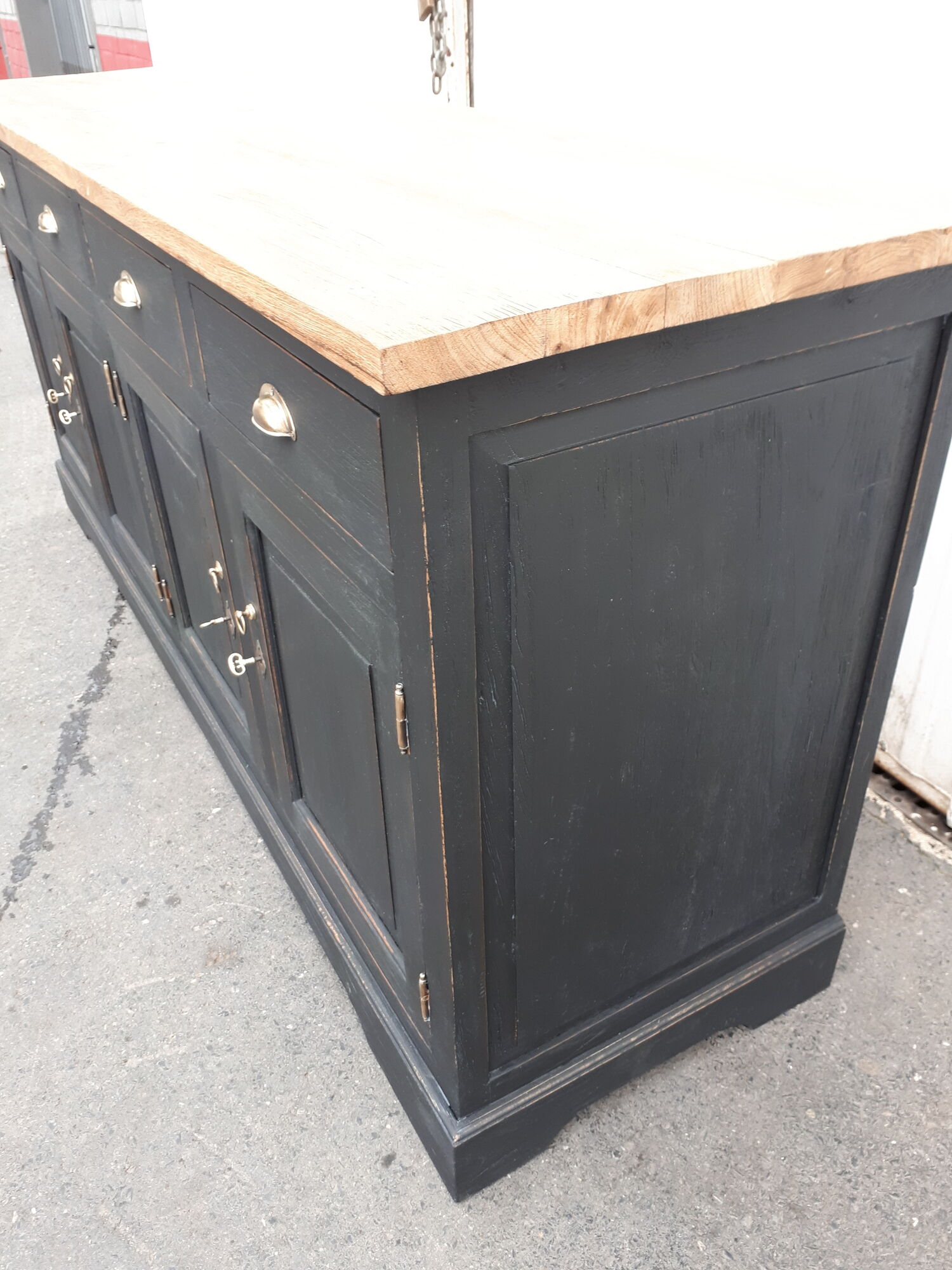 Industrial buffet four doors and four drawers black handles brushed brass patina