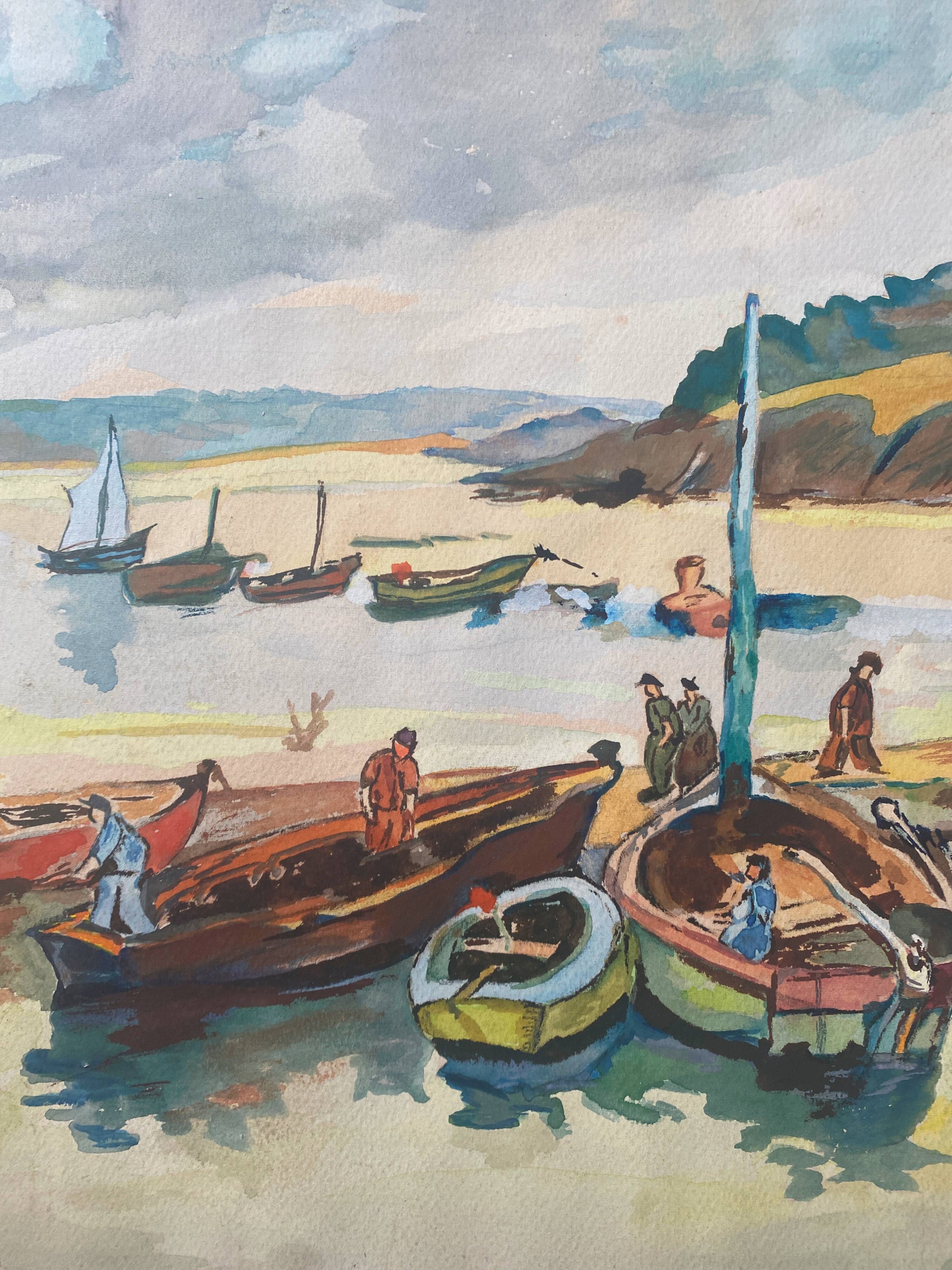 Original Gouache painting "Marin au port" signed G. Peyrondet around 1950