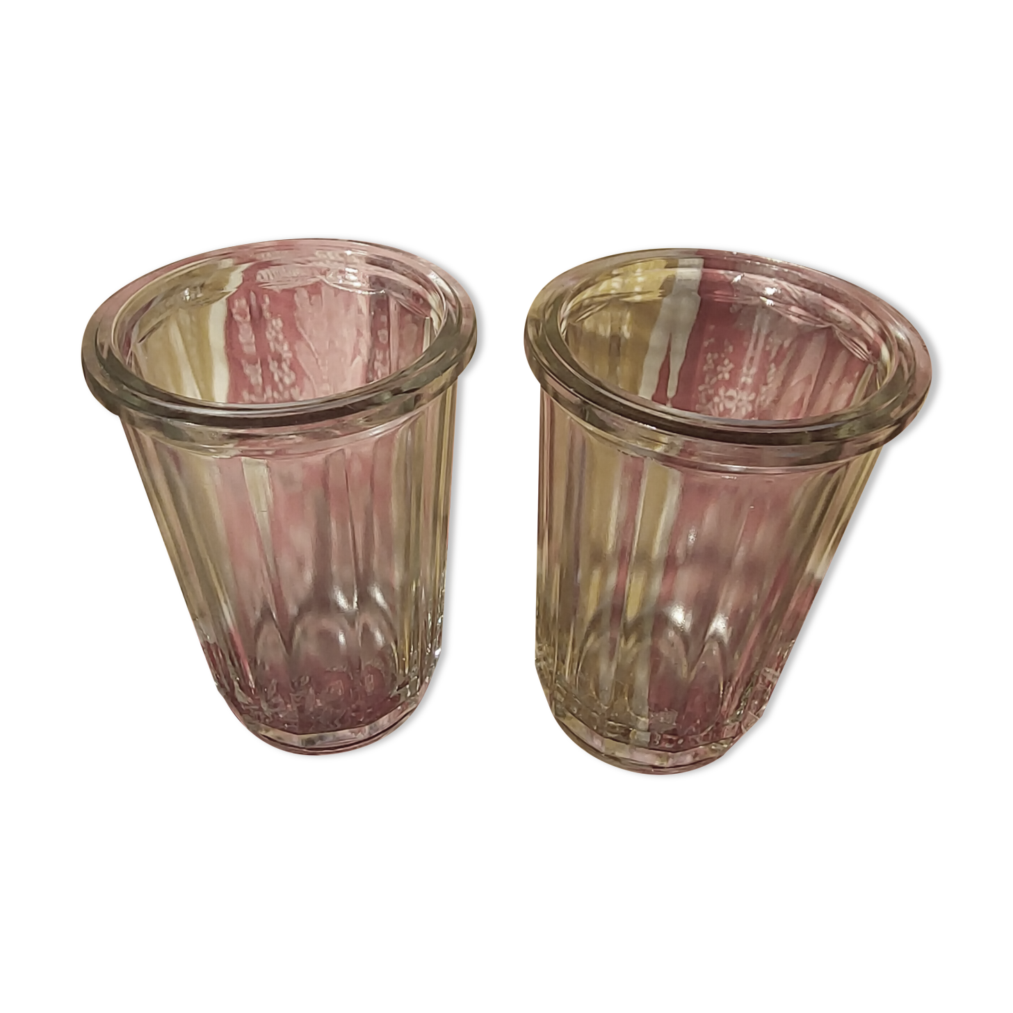 2 antique glass jam jars with ribs