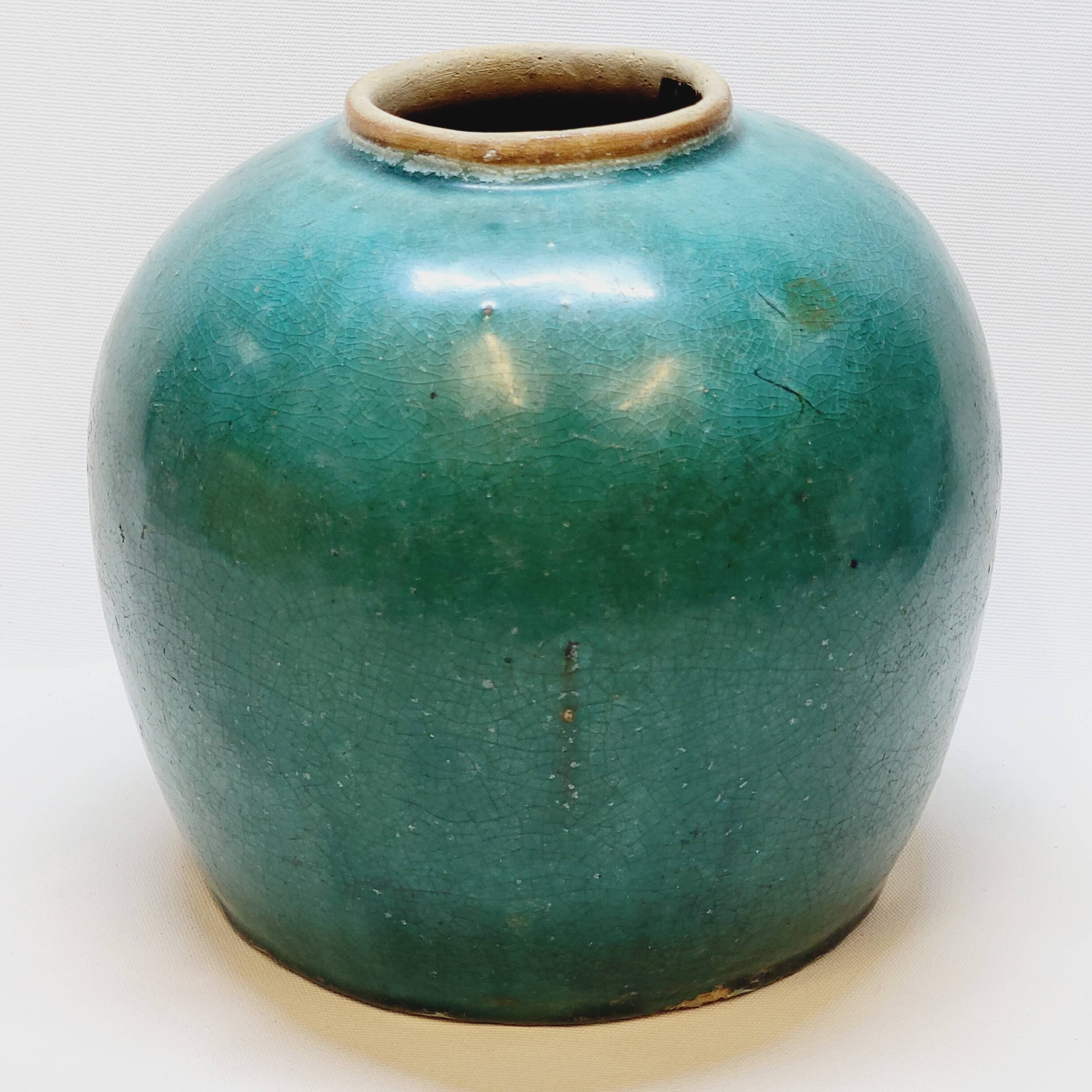 Antique Chinese Ginger Pot 1900 Green Blue Turquoise Enameled Ceramic