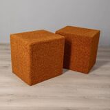 Pair of vintage 80s orange fabric poufs Italian design