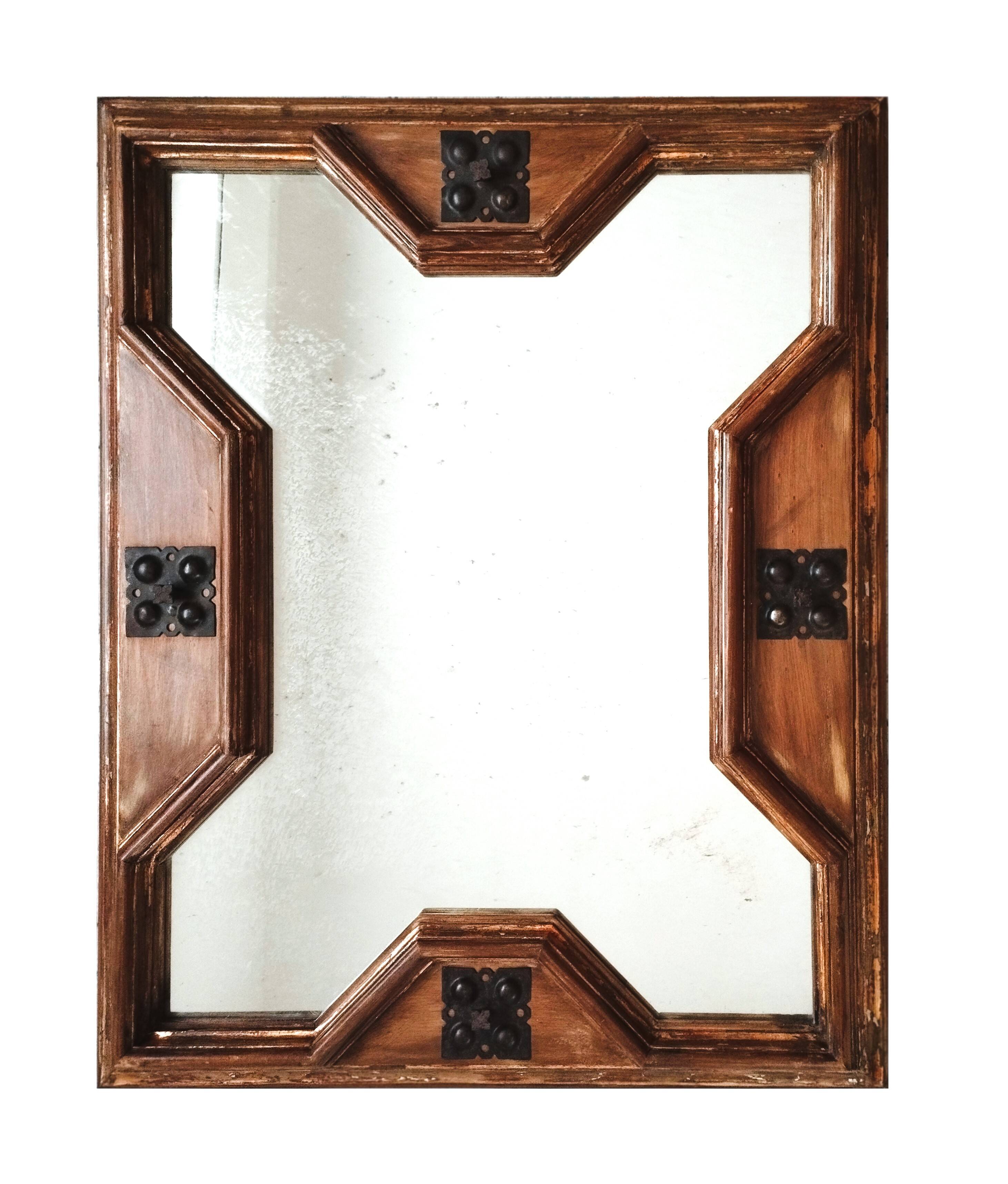 Miroir italien mid-century – cadre en bois patiné et éléments en fer forgé