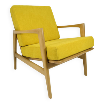 Fauteuil scandinave, tissu jaune, bois de chêne