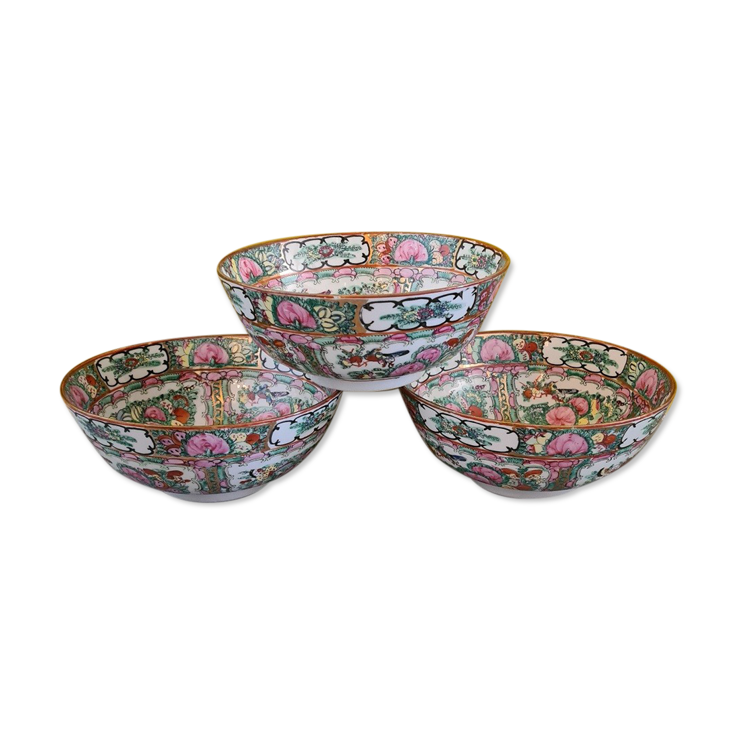 3 vintage chinese porcelain canton medallion bowls, 1960s.