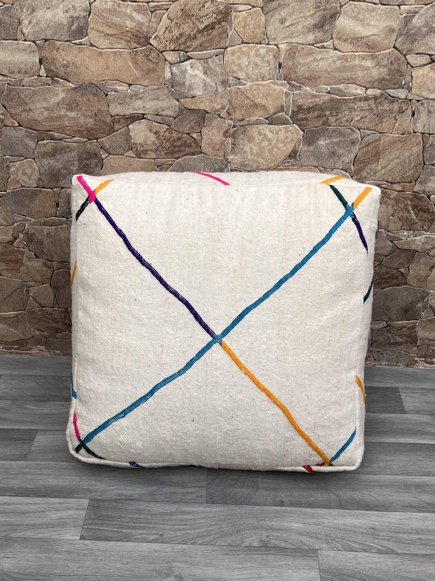 Azilal Kilim Moroccan Berber Pouf - 100% Wool and Cotton - Handwoven Floor Cushion