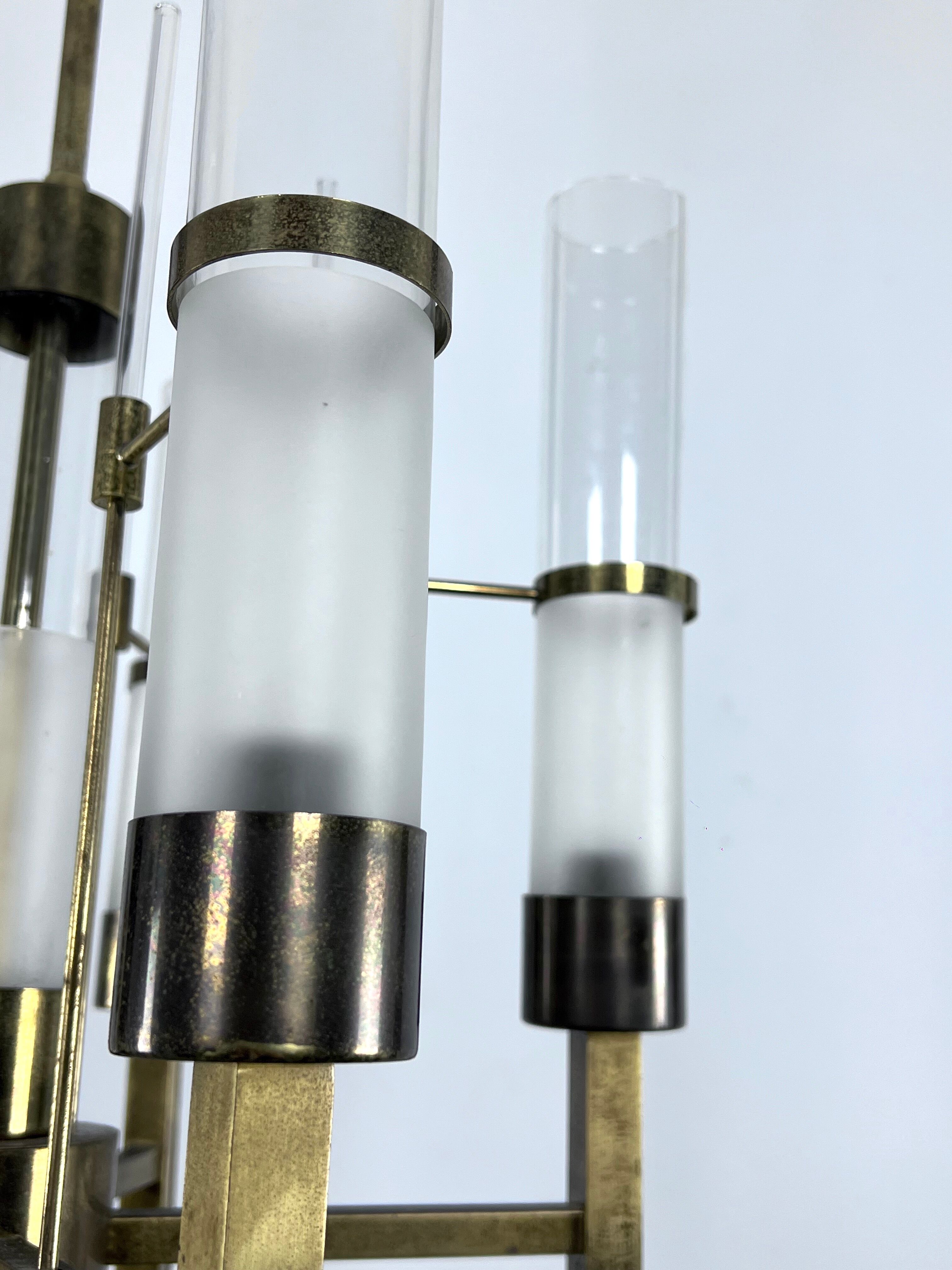 Sciolari, five arms brass and glass tube chandelier. Italy 1960s